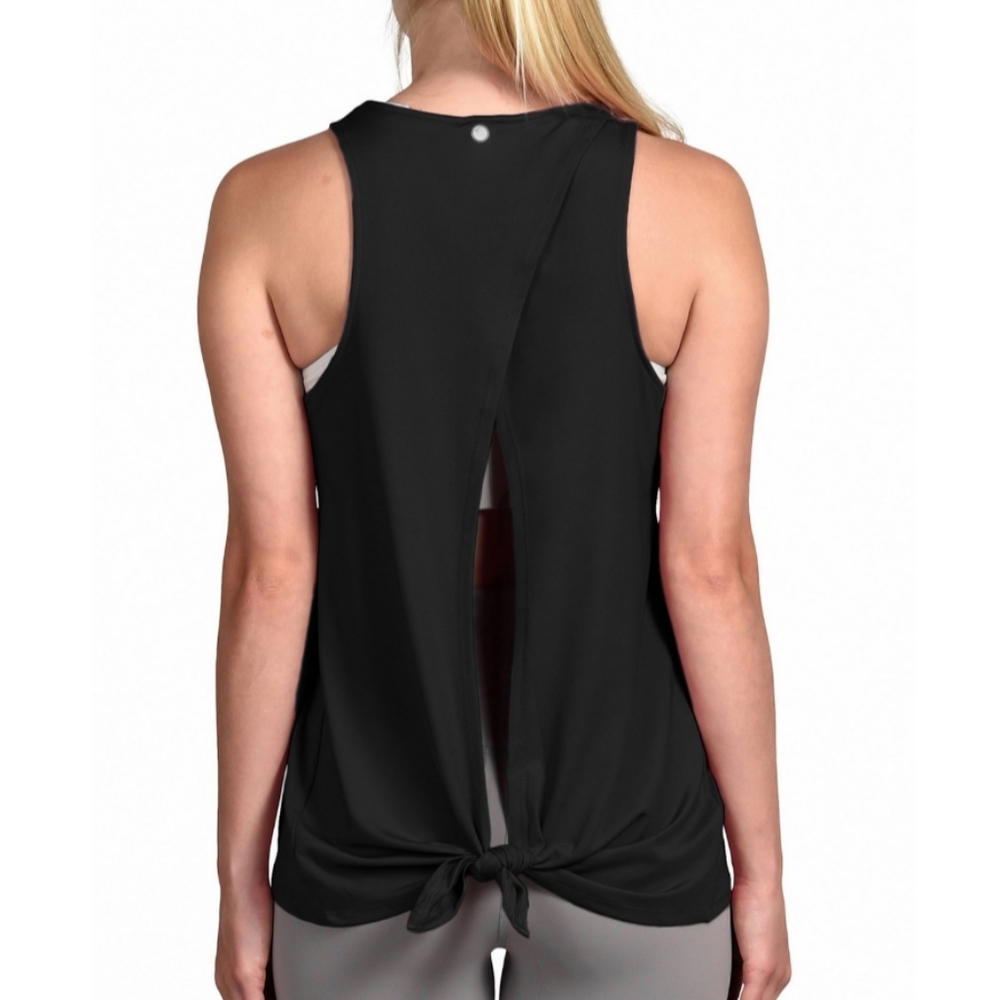 Yogalicious Overlapped Tie Back Open Exercise Tank Top Black L
